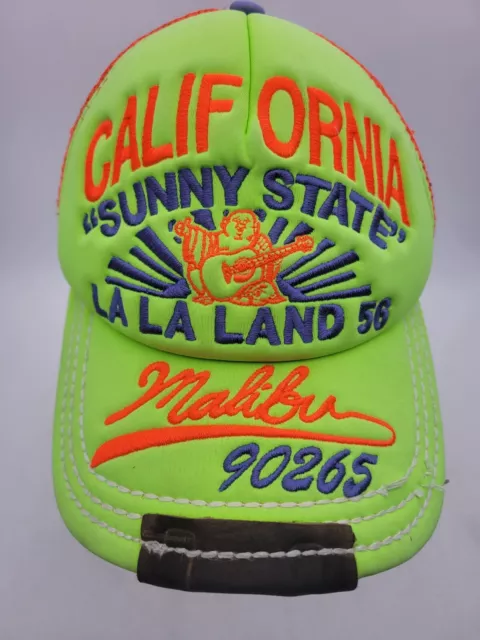 Vintage TRUE RELIGION California Malibu 90265 Trucker Hat Bright Green & orange