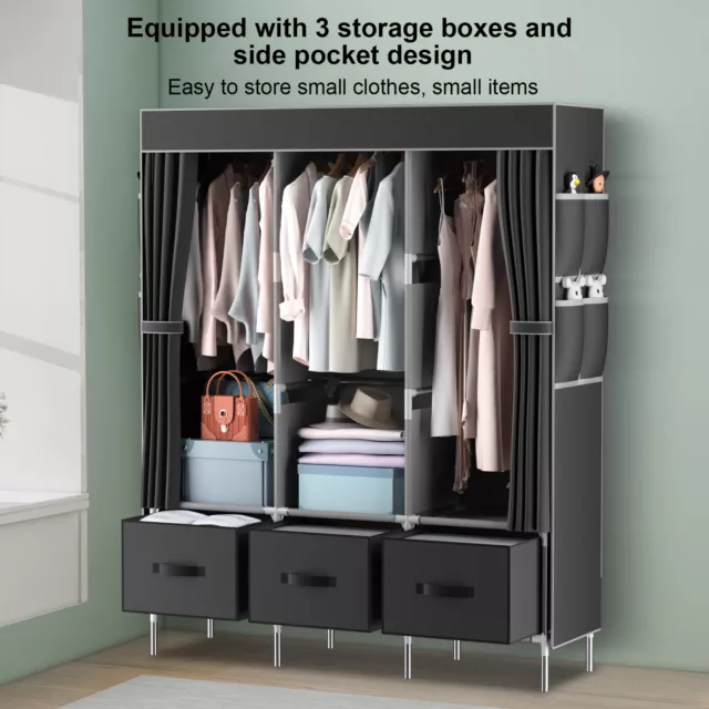 Fabric Canvas Wardrobe With 3 Storage Drawer Large Clothes Storage Organiser UK