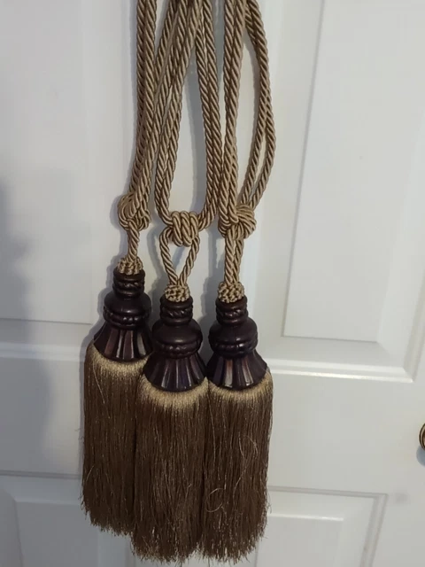 Lot of 3 29" Faux Wood & Gold Tassel Rope Curtain Tie-backs