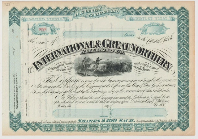 International & Great Northern Railroad Co. Stock Certificate Texas