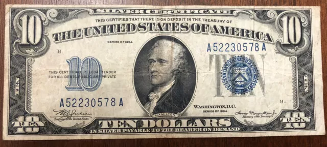 1934 Ten Dollar Blue Seal Note Silver Certificate Old US Bill $10 Money Currency