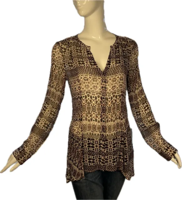 Sanctuary Blouse Small Long Flowy Boho Batik Print Burgundy And Black Gold Spark