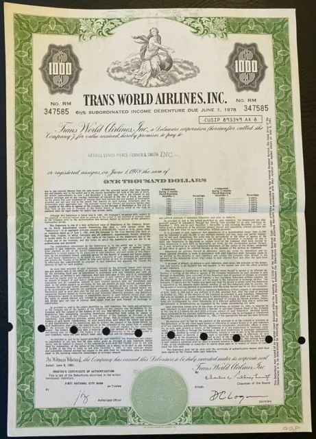 1961 TRANS WORLD AIRLINES TWA $1000 Bond Certificate