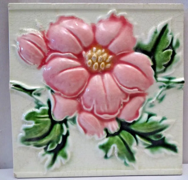 Majolica Tile Vintage Art Nouveau Ceramic Glazed Saji Japan Embossed Rose #464 2