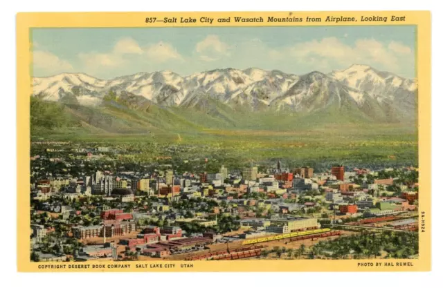 Postcard 1939 Salt Lake City Utah Wasatch Mountains Looking East Airplane