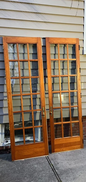 Pair Antique Pine Wood Grain Interior French Doors
