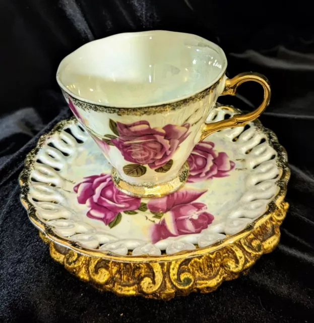 Vintage Royal Sealy Iridescent Tea Cup And Saucer Set With Pink Roses And Gold