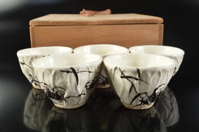 G6093: XF Japanese Old Kiyomizu-ware White glaze Lotus-shaped TEA CUP 5pcs w/box