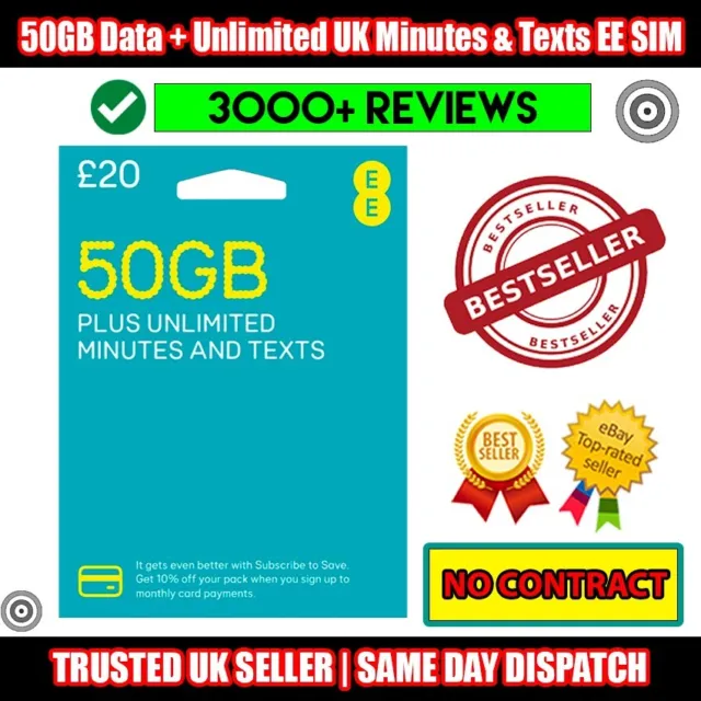 30 GB DATI + minuti e testi illimitati UK per 30 giorni - PayG EE SIM - NESSUN CONTRATTO