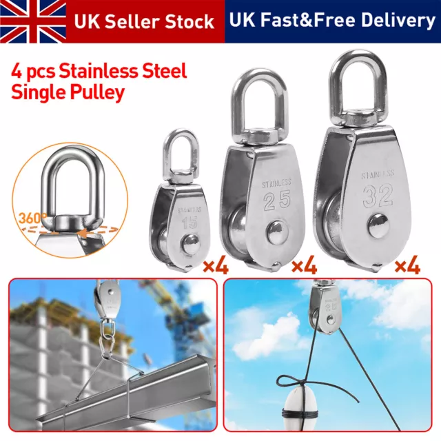 4x Stainless Steel Heavy Duty Single Pulley Block Wheel Swivel Lifting Rope UK