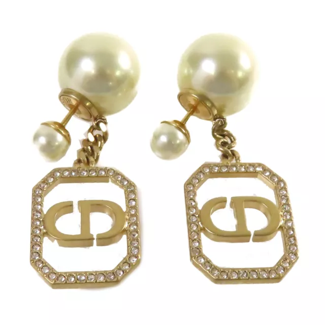 Christian Dior CD Earrings PVC Metal Pearl White Gold Tone Color