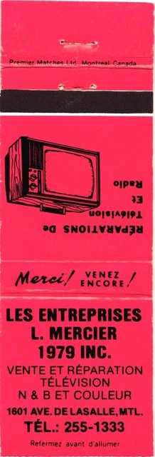 Montreal Canada Les Enterprises L. Mercier 1979 Inc., Vintage Matchbook Cover