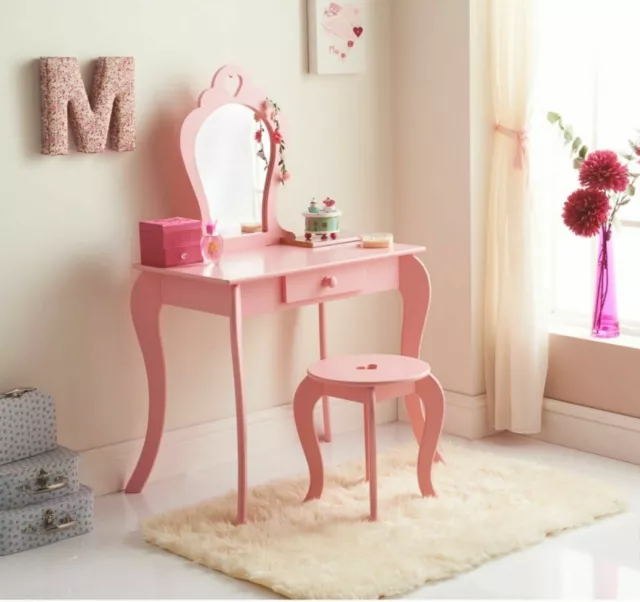 Amelia Vanity Set / Dressing Table With Mirror & Stool Children Kids Wooden Pink