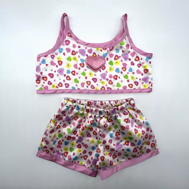 Build A Bear Pink Heart White Satin Tank Shorts PJs Pajamas Teddy Clothes Set