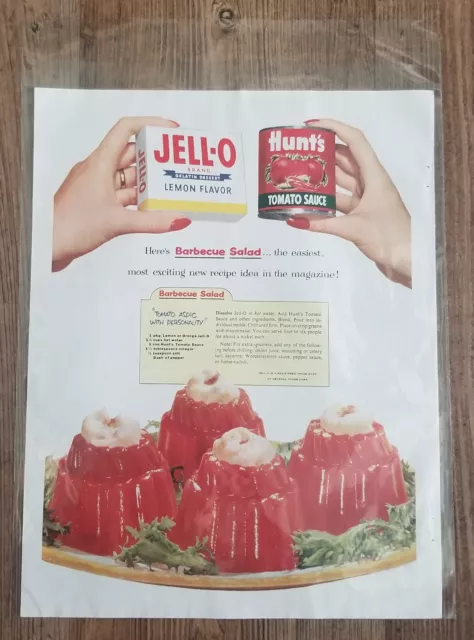 Vintage 1953 JELL-O HUNT'S Tomato Sauce Recipe BBQ Barbecue Salad Mold Print Ad