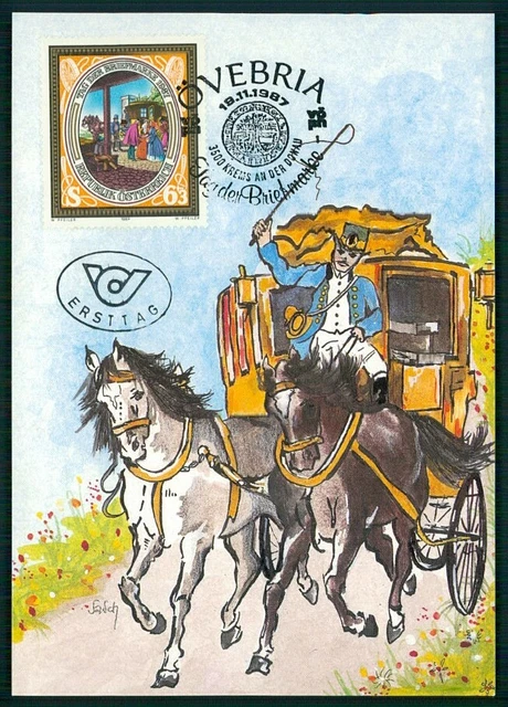 AUSTRIA MK 1987 TAG DER MARKE POSTKUTSCHE PFERDE MAXIMUMKARTE MAXI CARD MC gh91
