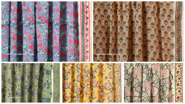 4.6m Main Bloc Imprimé Floral Robe Tissu Naturel Handmade Coton Indien
