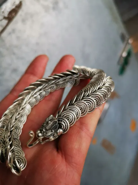 Old Tibetan Silver Handmade Dragon Headed Bracelet Men's Bracelet .A37