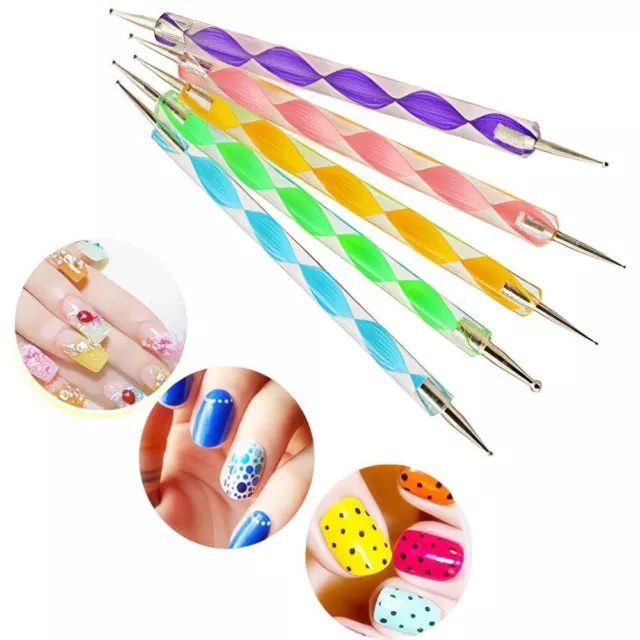 2-Way Nail Art Pen Dotting Tool Crystal Marbleizing Kit Set Manicure Painting UK