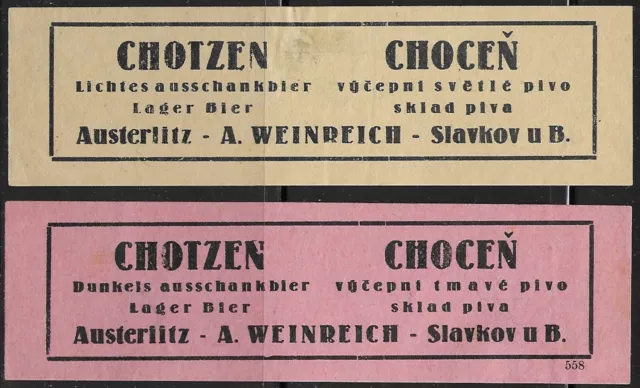 2x Chotzen Brauerei Bier Lager Austerlitz A. Weinreich Böhmen  Choceň Slavkov