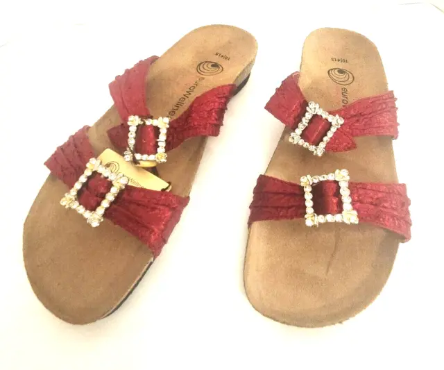 EuroWellness Red with Rhinestone Buclkles Sandals Size 10 NWOB.