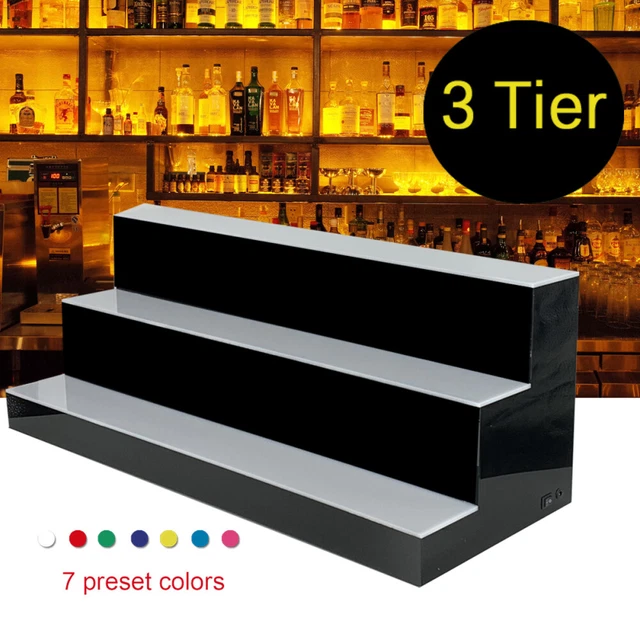 3 Step Tier LED Lighted Shelf Illuminated Liquor Bottle Bar Display Stand USA