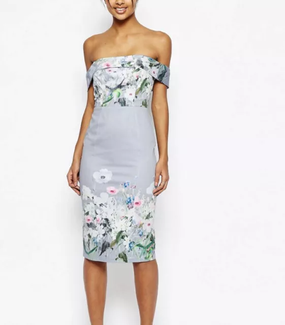 ASOS Gray Border Floral Pencil Midi Dress US 6 (runs small) NWT Off Shoulder