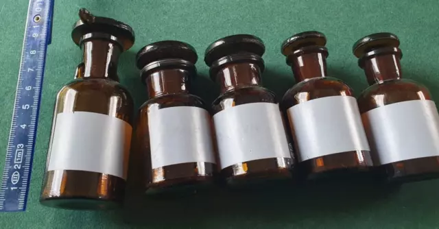 5 x Apothekerflasche, Braunglas, mit Glasstopfen, je 30ml, gebr.