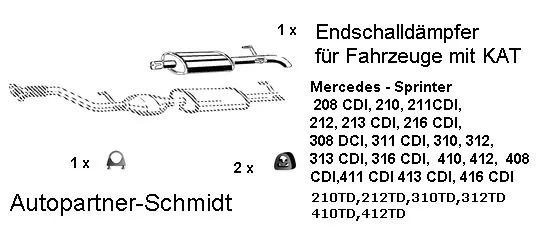 Auspuffanlage Short Endschalldämpfer KAT für Mercedes Sprinter 209 313 413 CDI