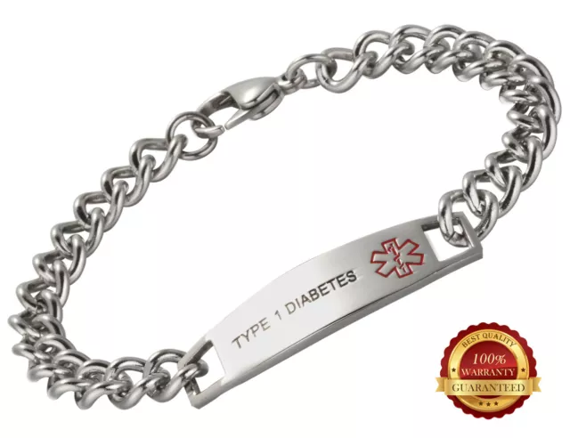 Type 1 Diabetes Stainless Steel Health Bracelet Médical Alert ID Engraved Chaîne