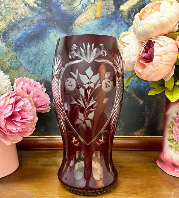 Stunning Vintage Bohemian Ruby Cut Glass & Floral Pattern Tall Vase