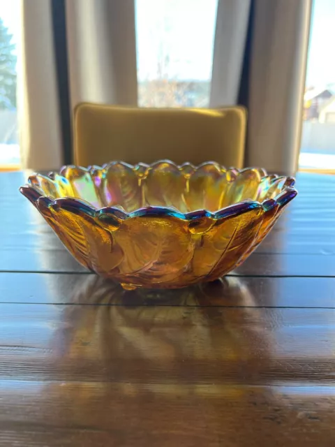 ANTIQUE Carnival Glass Orange Marigold Iridescent Serving Bowl 9" Wide I-AUC 2