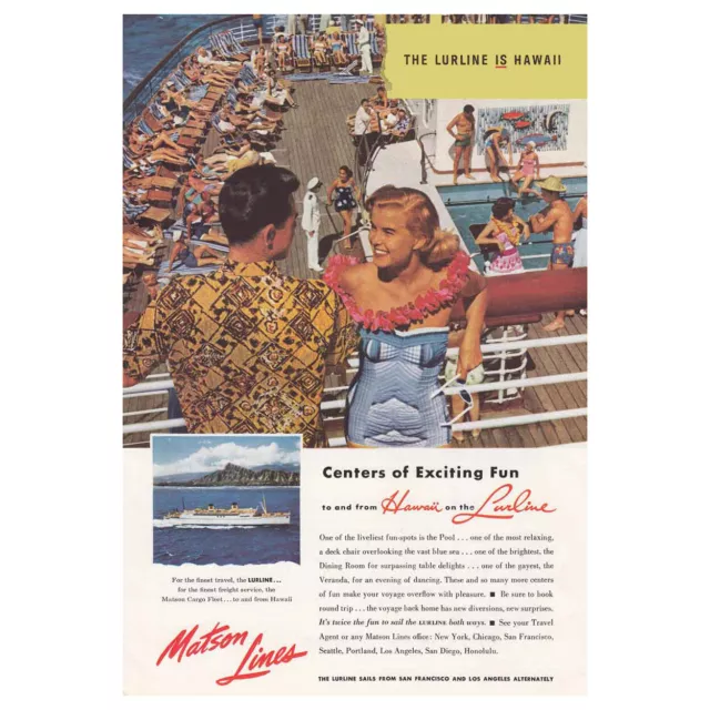 1954 Matson Line: Lurline is Hawaii, Deck Vintage Print Ad