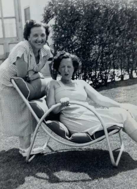 Two Women Sitting Leaning On Lounge Chair In Yard B&W Photograph 3.5 x 5