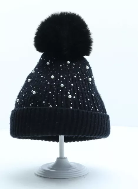 Alamode Girls Black Acrylic Bobble Hat One Size