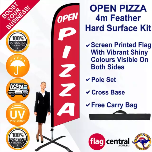 OPEN PIZZA Red 4m Feather Flag/Banner Kit with Cross Base *Advertising *Windless