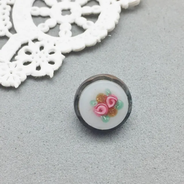 Vintage Glass Button Victorian Cabbage Rose Milk Glass Brass 1/2" Sewing Clothes