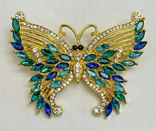 Aqua Royal Blue Crystal Rhinestone Butterfly Brooch Pin Vintage Glass Insect Bug