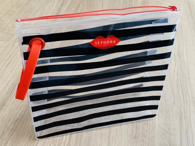 Sephora See-through & Black Stripe Red Lips Design Makeup Cosmetic Travel Bag