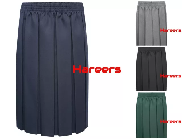 School Uniform Full Box Pleated Elasticated Waist Knee Length Skirt for Girls