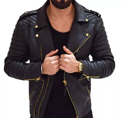 Men's Real Lambskin Leather Jacket Biker Motorcycle Style Slim Fit Coat Black DD