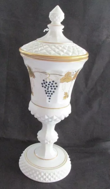 Vintage Westmoreland Milk Glass 12-1/2" Tall Covered Urn Gold Leaves & Grapes