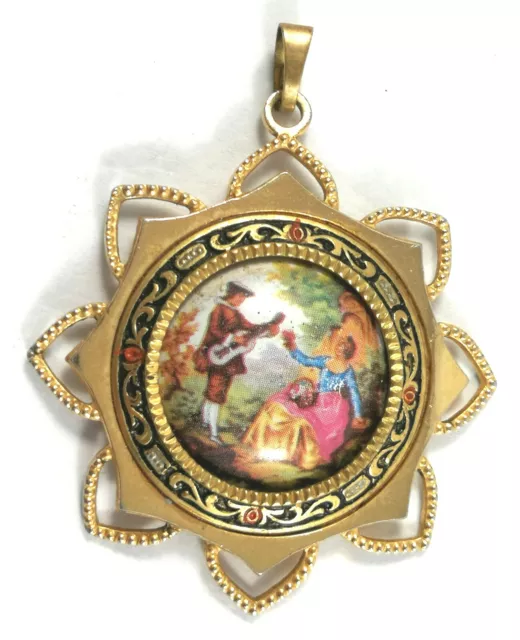 Pendant Vintage Limoges France Pin Transferred Printed Painting Porcelain Scene