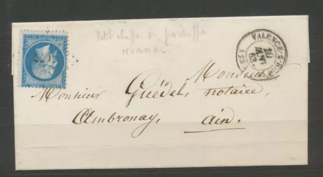 LETTRE 1863 avec N°22 obl PC du GC 4077 de Valence s/RHONE Ind 18 RARE P1626