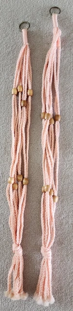 2 Vintage Boho Chic Wood Beaded Macrame Jute Tasseled Plant Hangers 36 -38" long