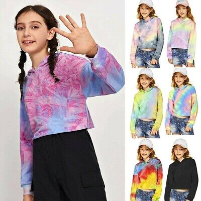 Kids Teen Girls Crop Tops Tie-Dye Hoodies Long Sleeve Pullover Sweatshirts Top