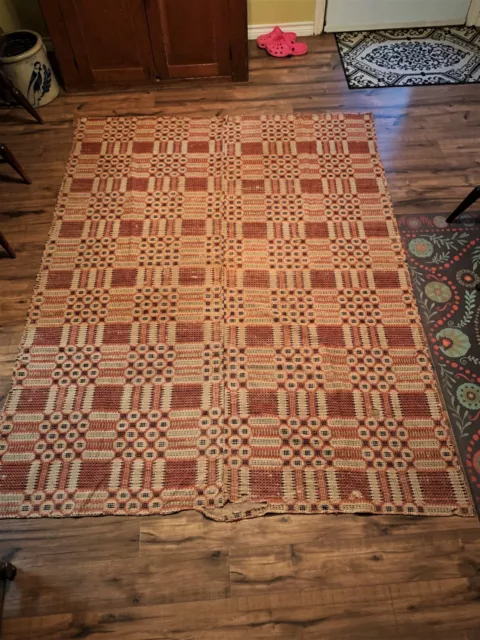 Early 19th Century Hand Woven Coverlet Rust, Blue  and Tan
