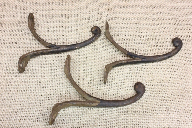3 Old Single Coat Hooks Farm School House 1850’s Vintage Rustic Cast Iron 3" 3