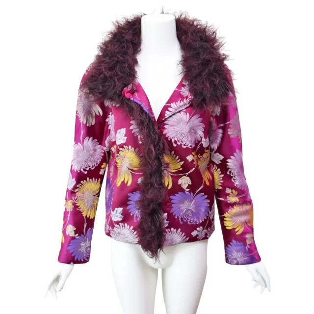 Vivienne Tam Vintage 90s Jacket A/W 1998 Brocade Purple Floral Faux Fur