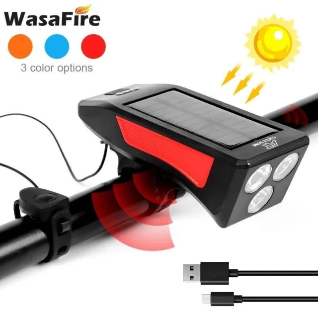 Solar Power Fahrrad Licht 120dB Hupe Lautsprecher Scheinwerfer USB Frontlicht